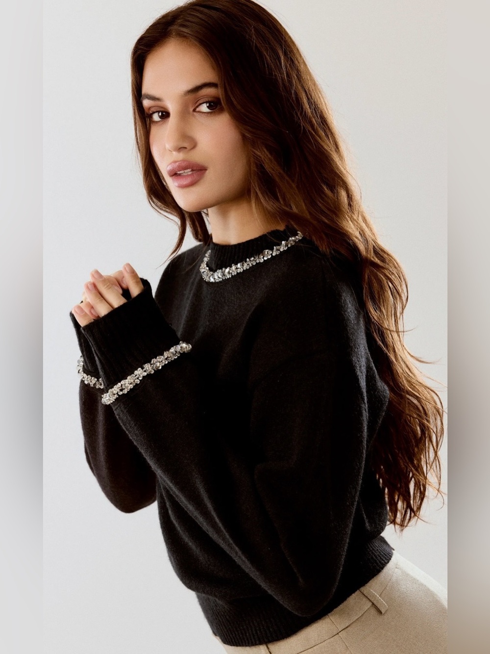 NWT - Cider Black Lantern Sleeved Sweater w Rhinestones & Sequin Detail